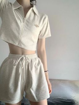 Du Yan Áo Thun Ngắn Tay Có Khóa Kéo Cổ Polo Bộ Quần Đùi Ngắn Tay Bộ Đồ Hai Mảnh Phong Cách Nhật Bản