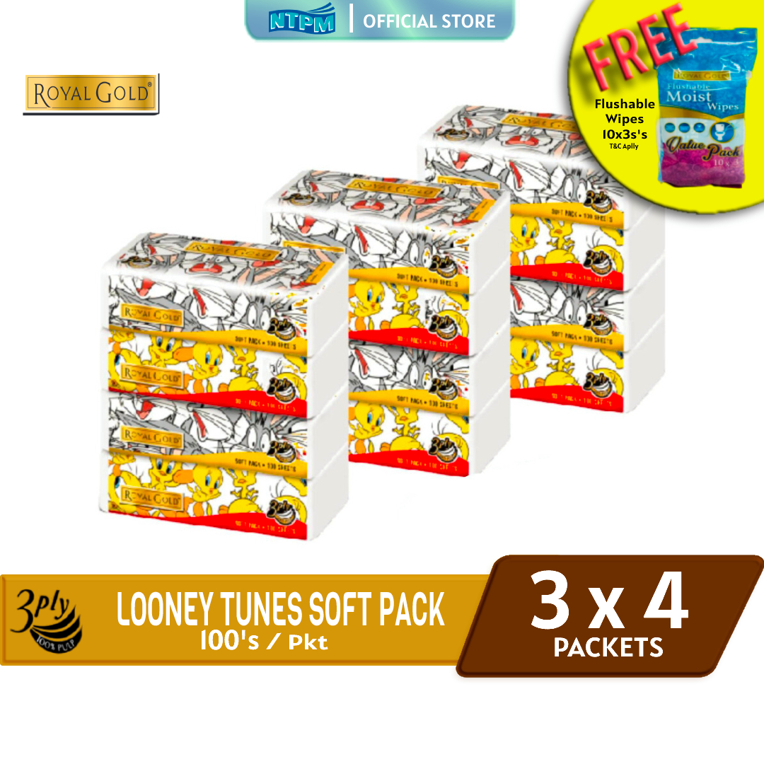 Royal Gold Looney Tunes Soft Pack 100 Sheets x 4pkts x 3 Packs - FREE Royal Gold Flushable Wipes (10'sx3)