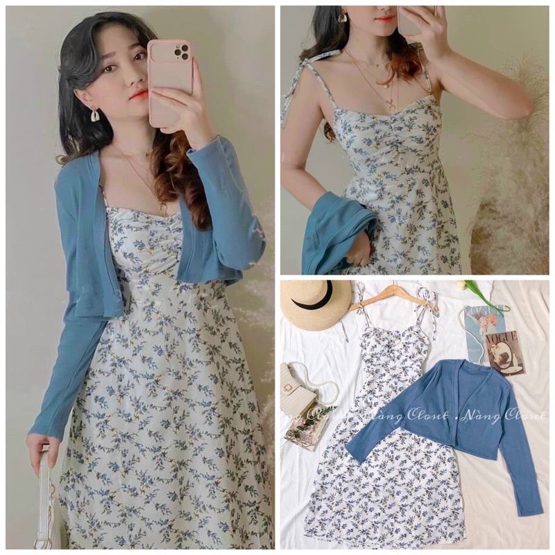 Set Đầm 2 dây hoa nhí 💖Video Thật💖 - Set váy hoa nhí xanh xẻ tà kèm Áo khoác dệt kim mỏng NÀNG CLOSET 💖 Hàng Loại Tốt 💖