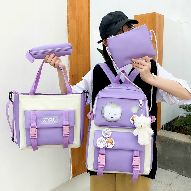 Balo 4 món thời trang sinh viên học sinh - Khóa đầu gấu phối mica