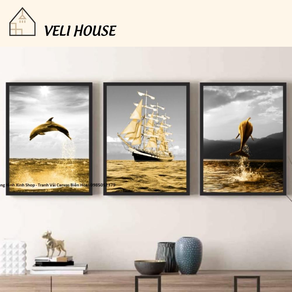 Bộ 3 tranh vải canvas trang trí tường kcv04 - Thuận buồn xuôi gió - Kèm khung - 3 bức 30x42 cm - Veli house