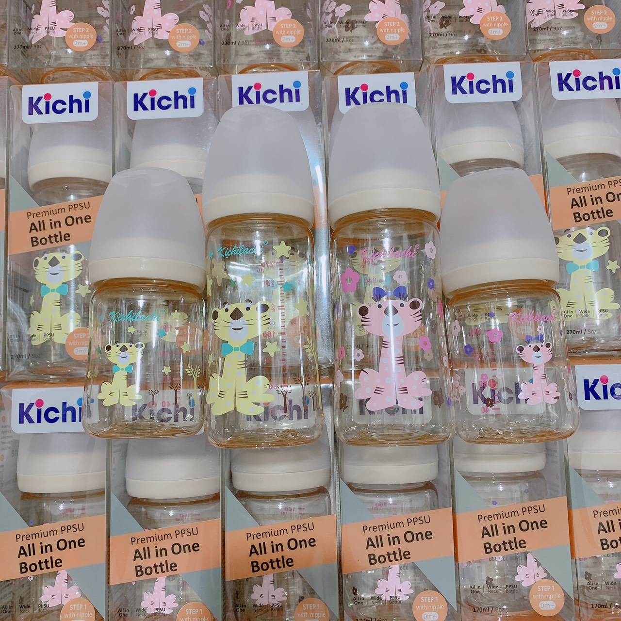 Bình sữa cảm biến nhiệt bằng ppsu cao cấp cho bé kèm núm ti siêu mềm kichilachi chính hãng hình thỏ, hổ 170ml/270ml