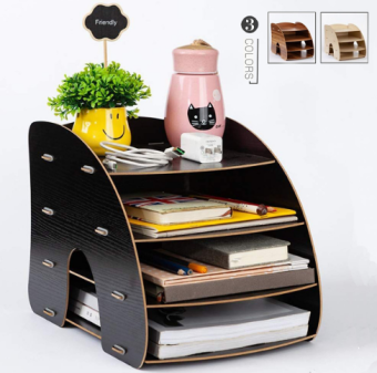 Kệ bàn học đựng hồ sơ tài liệu Kệ lưu trữ tài liệu giấy A4, A5 bằng gỗ hình cong - Tặng kèm 1 móc khóa nhựa dễ thương - Màu Đen