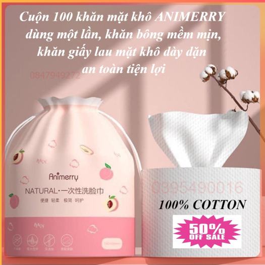 Cuộn 100 khăn mặt khô dùng một lần ANIMERRY, khăn bông mềm mịn, khăn giấy lau mặt khô dày dặn an toàn tiện lợi