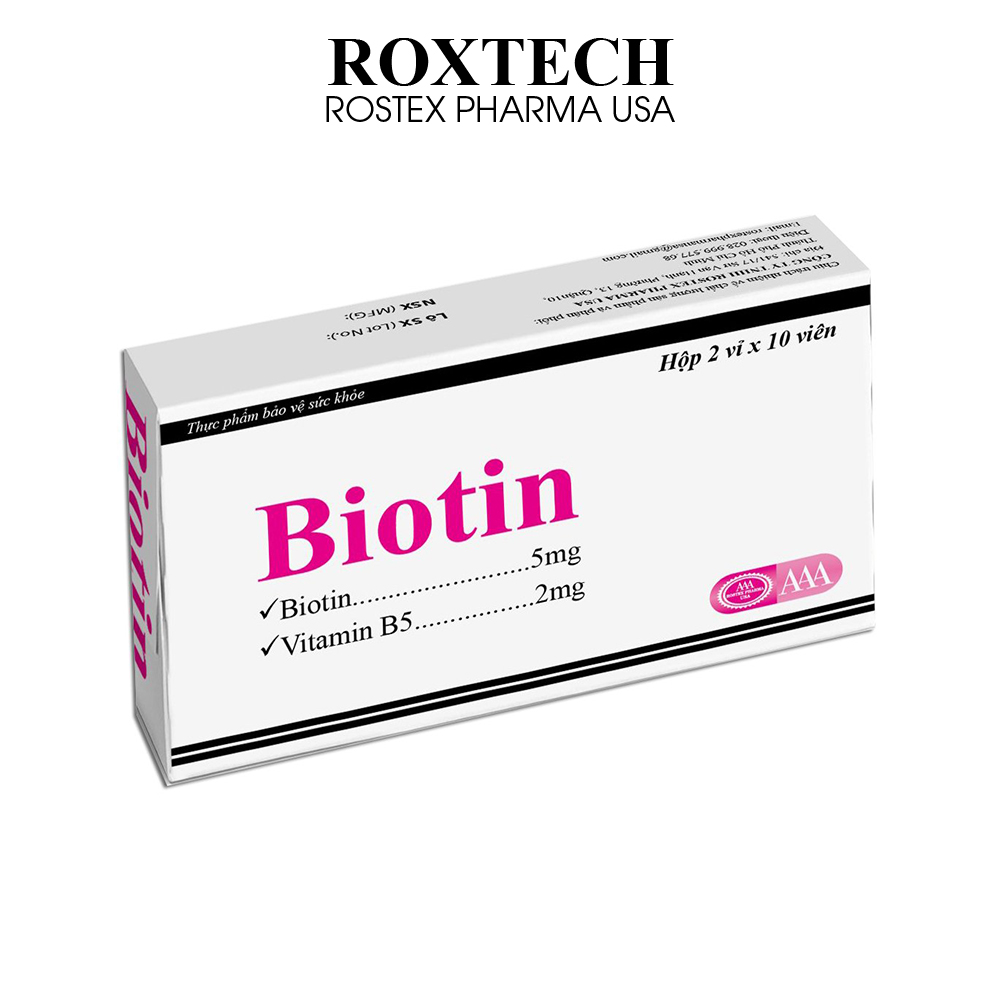Viên uống Biotin 5mg, Vitamin B5 giúp tóc chắc khỏe, giảm gãy rụng tóc, bảo vệ da tóc - Hộp 20 viên