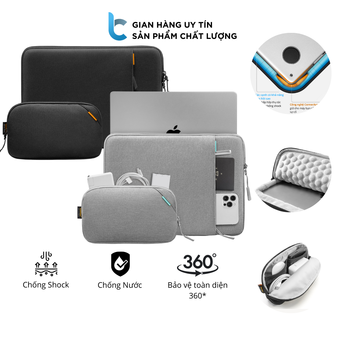 Túi chống sốc, chống nước macbook, laptop bảo vệ 360 tomtoc protective tặng kèm túi đựng phụ kiện