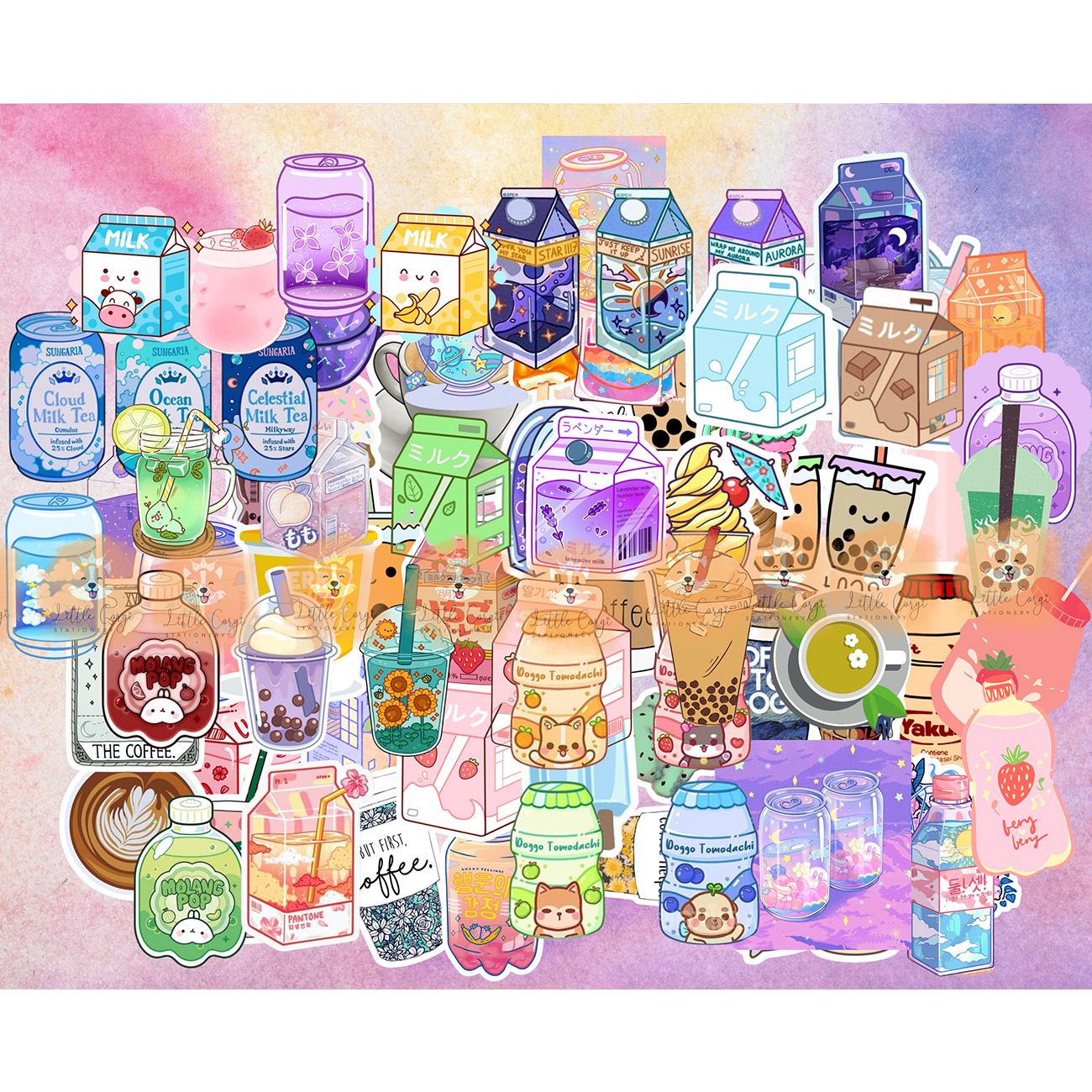 Set 30 hình dán sticker trà sữa, milk tea, milk, juice dễ thương trang trí sổ tay, toploader, máy tính