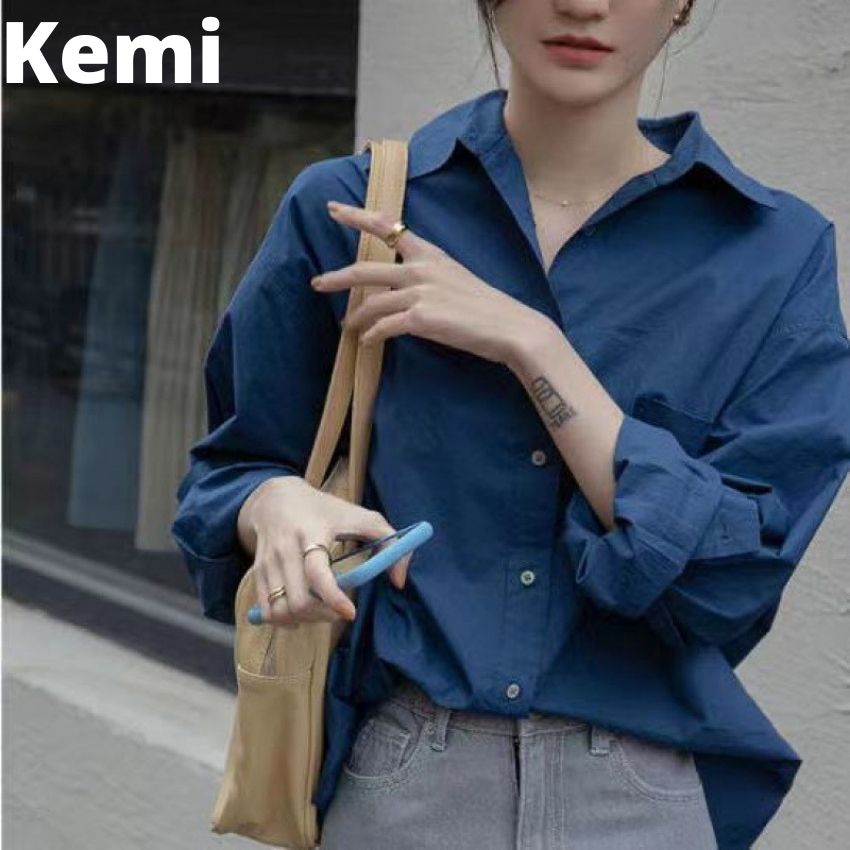 Áo sơ mi nữ tay dài trơn form rộng chất liệu cotton. Áo công sở cao cấp màu xanh coban thiết kế kiểu Hàn quốc - Kemi