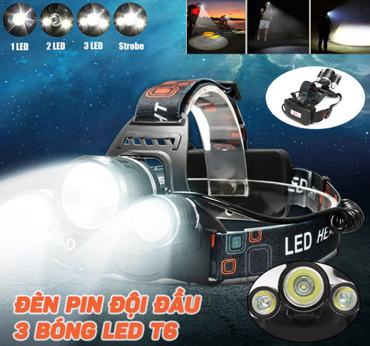 Đèn pin siêu sáng nhập khẩu chính hãng - Đèn pin đội đầu 3 bóng siêu sáng-T6 ,tích hợp 3 đèn led với khả năng chiếu xa lên tới 1000m Bảo Hành 12 Tháng