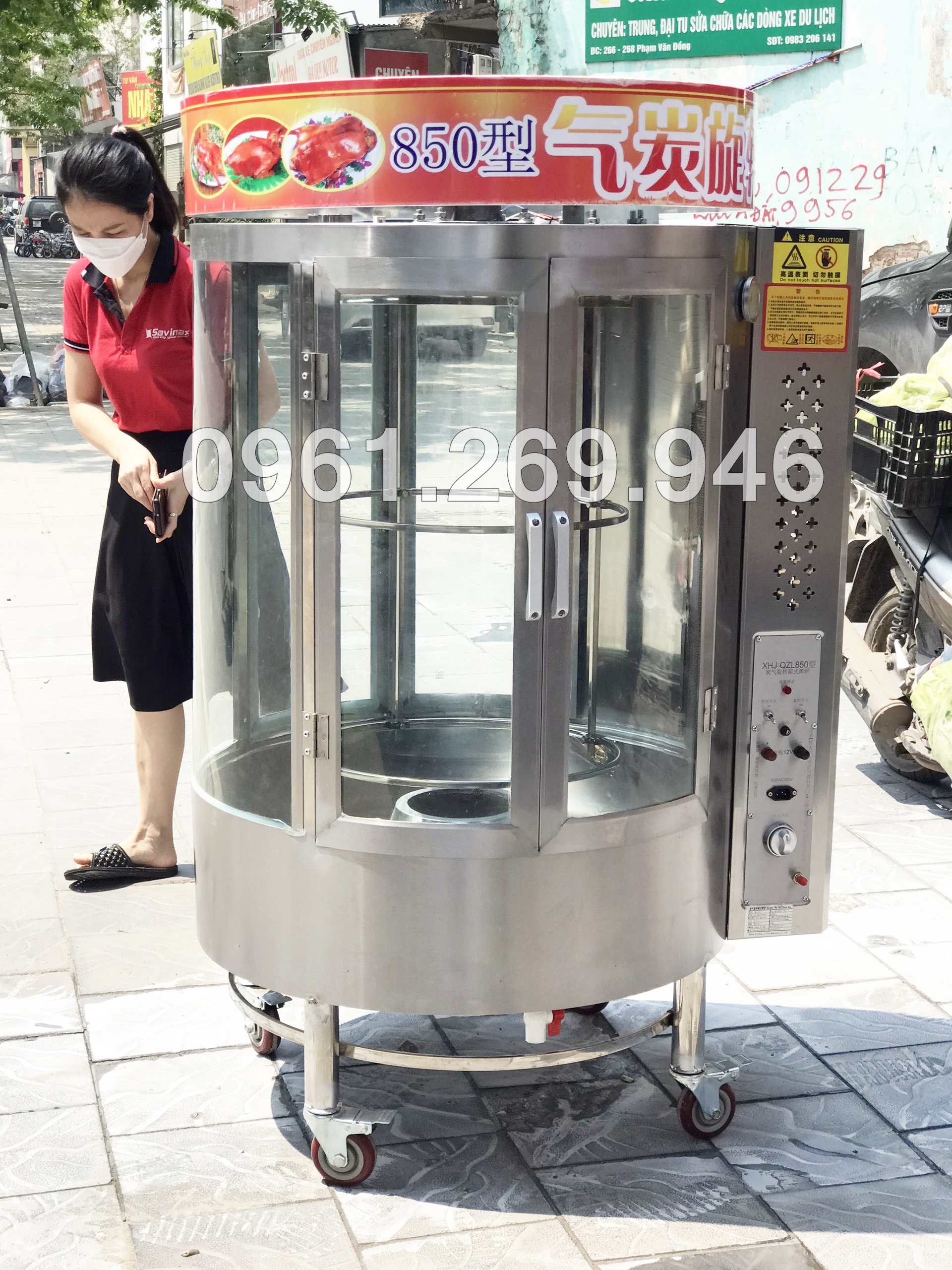 Lò, lu, bếp, máy quay nướng vịt, gà, heo, inox kính xoay tự động 850 đa chức năng, không khói bụi