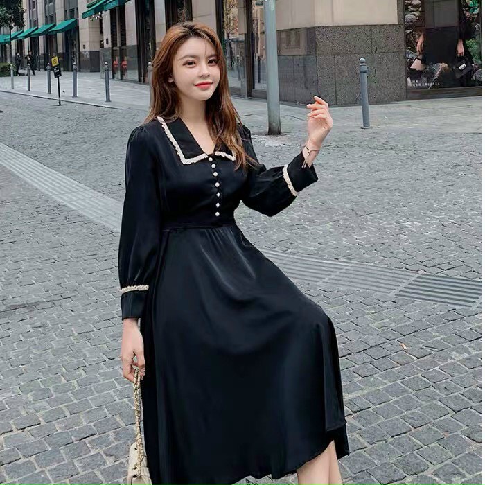 Đầm dài dáng xòe cổ bèo đính nút thanh lịch, nhã nhặn
