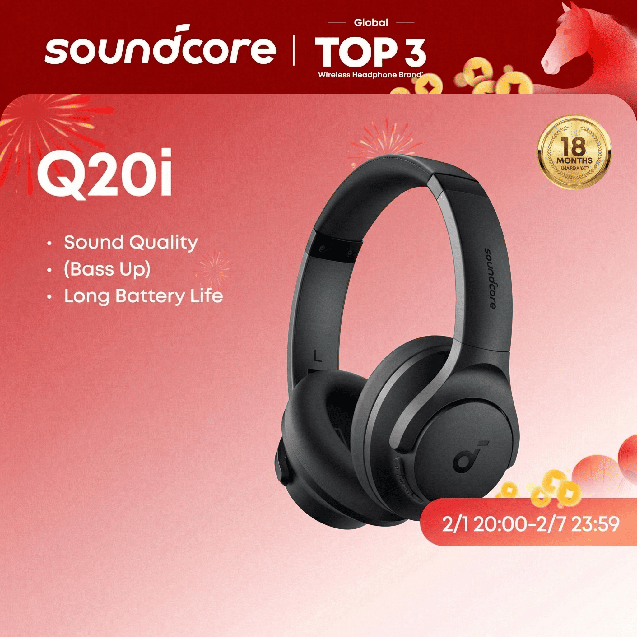 Soundcore by Anker Q20i Hybrid ANC Headphones, Wireless Over-Ear Bluetooth, 40H Long ANC Playtime, Hi-Res Audio, Big Bass, Customize via an App, Transparency Mode, Ideal for Travel-A3004