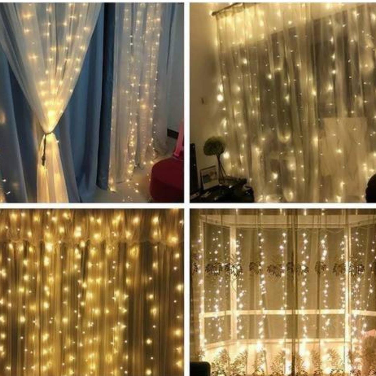 RẺ-Đèn Rèm 3m x 3m có 10 Sợi Thả Mưa Màu Vàng Ấm Trang Trí Backgroundd