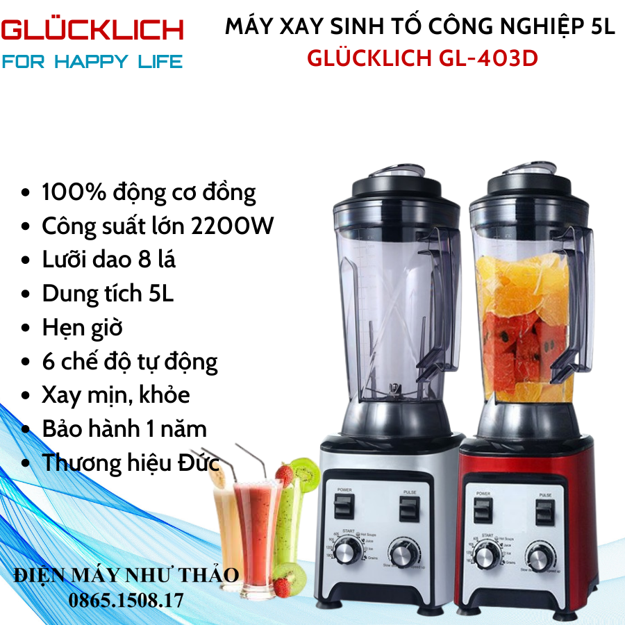 Máy xay sinh tố công nghiệp GLUKCLICH dung tích 5L 2200W-Sử dụng cho các nhà hàng lớn- Cam kết động cơ đồng nguyên chất đủ vòng- Bảo hành 1 năm - GEMAT - UNIBLEND - PROMIX