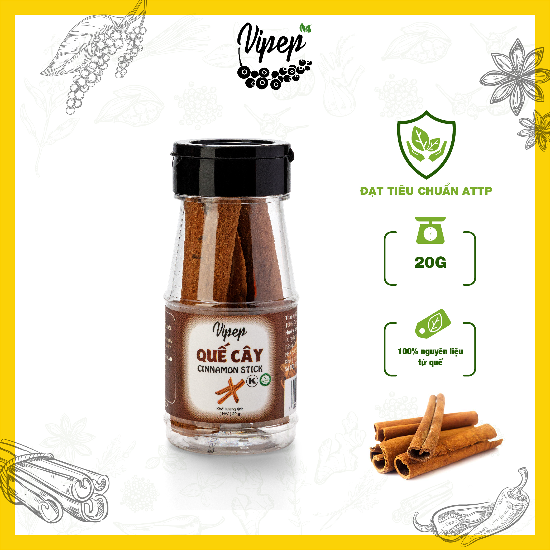 Quế Thanh (quế điếu) Vipep 20g cạo vỏ tiêu chuẩn xuất khẩu giúp kích thích tuần hoàn máu, gia vị thơm cho tách trà
