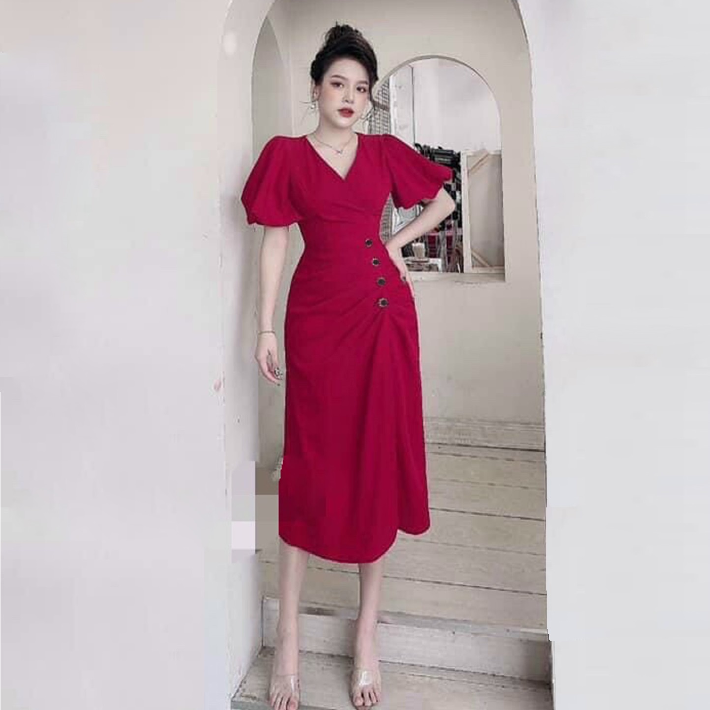 Đầm xòe cổ v nhún eo punmax hq071 cổ v tay bí phồng đính nút cách điệu sml