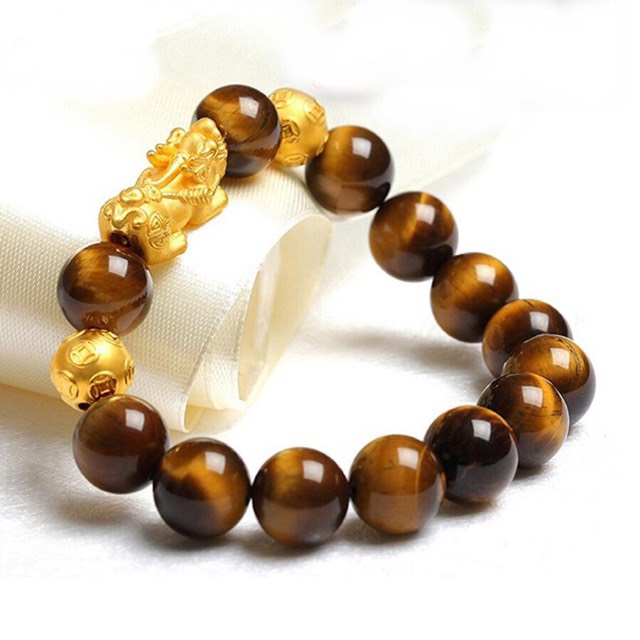 Vòng tay đá mắt hổ tự nhiên mix 01 tỳ hưu vàng tây và 02 bi vàng tây 10k LTV37