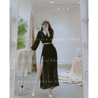 Set đi tiệc chân váy voan xẻ tà, áo croptop tay phồng cổ V, set đẹp chất voan hai lớp như hình mặc đi biển