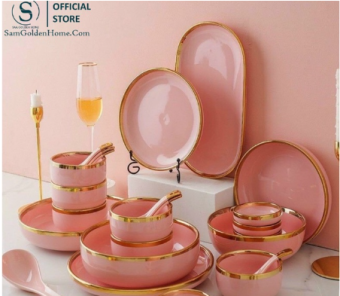 Bát Ăn Cơm Bộ Bát Đĩa Sứ Decor Màu Hồng Bán Lẻ. chén đĩa ăn cơm màu hồng