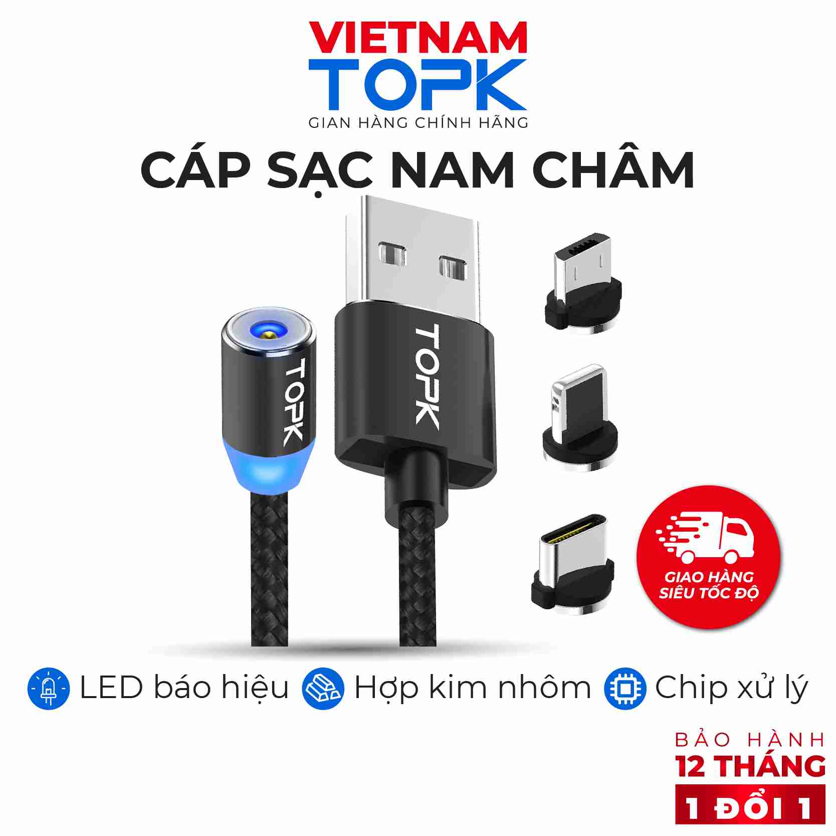 Dây sạc nam châm 3 đầu topk am23 - sạc nhanh 3a dài 1-2m - hàng chính hãng - bảo hành 12 tháng