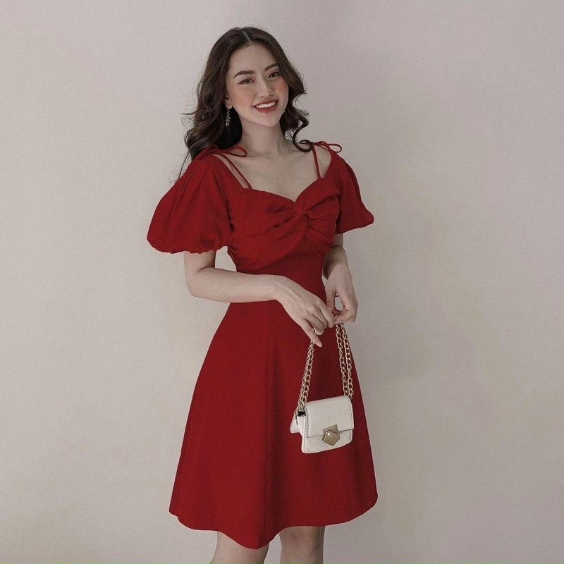 Đầm xoắn ngực nơ vai 2 màu
