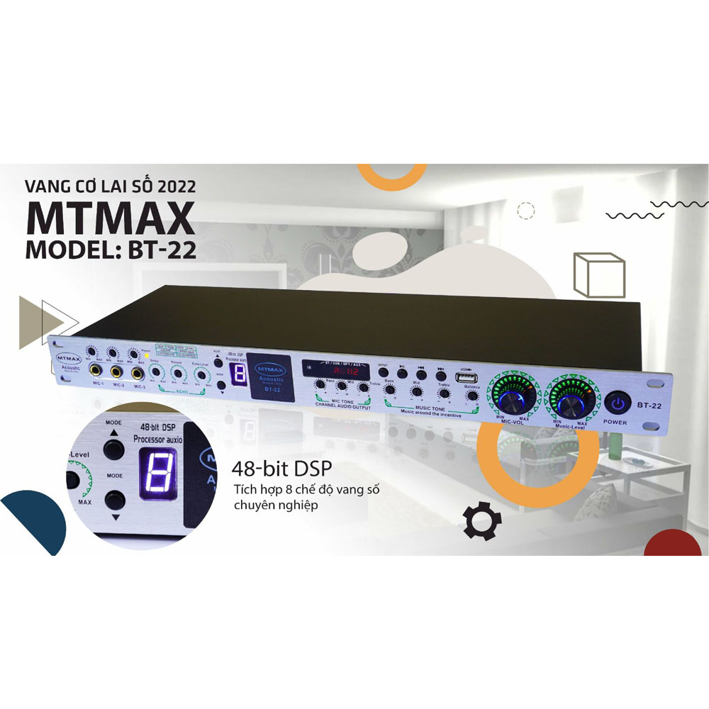 Vang cơ lai số MTMax BT22, Chống hú tối ưu với chế độ FBX - Tích hợp 8 chế độ vang số - Âm thanh chất lượng 48 bit - Kết nối Bluetooth, AV, USB, cổng quang, Hỗ trợ nhiều cổng micro, Remote điều khiển từ xa