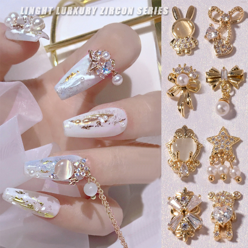 Hạt Charm Ngọc Trai Sáng Bóng Sang Trọng, Trang Trí Móng Tay Nghệ Thuật Hình Con Gấu Opal Nail Đồ Trang Sức Nghệ Thuật Móng Tay Thạch Pha Lê Mặt Dây Chuyền Chuỗi
