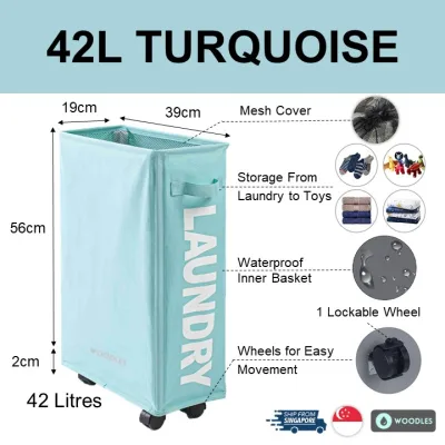 [SG Ready Stock] Woodles Laundry Basket Hamper★42L 55L 64L Capacity★4-Wheel Foldable Slim Durable Lockable Waterproof Oxford★All Purpose Storage Clothes Toys★Turquoise Beige Grey Blue Black Red★Local Shipping & Warranty (13)