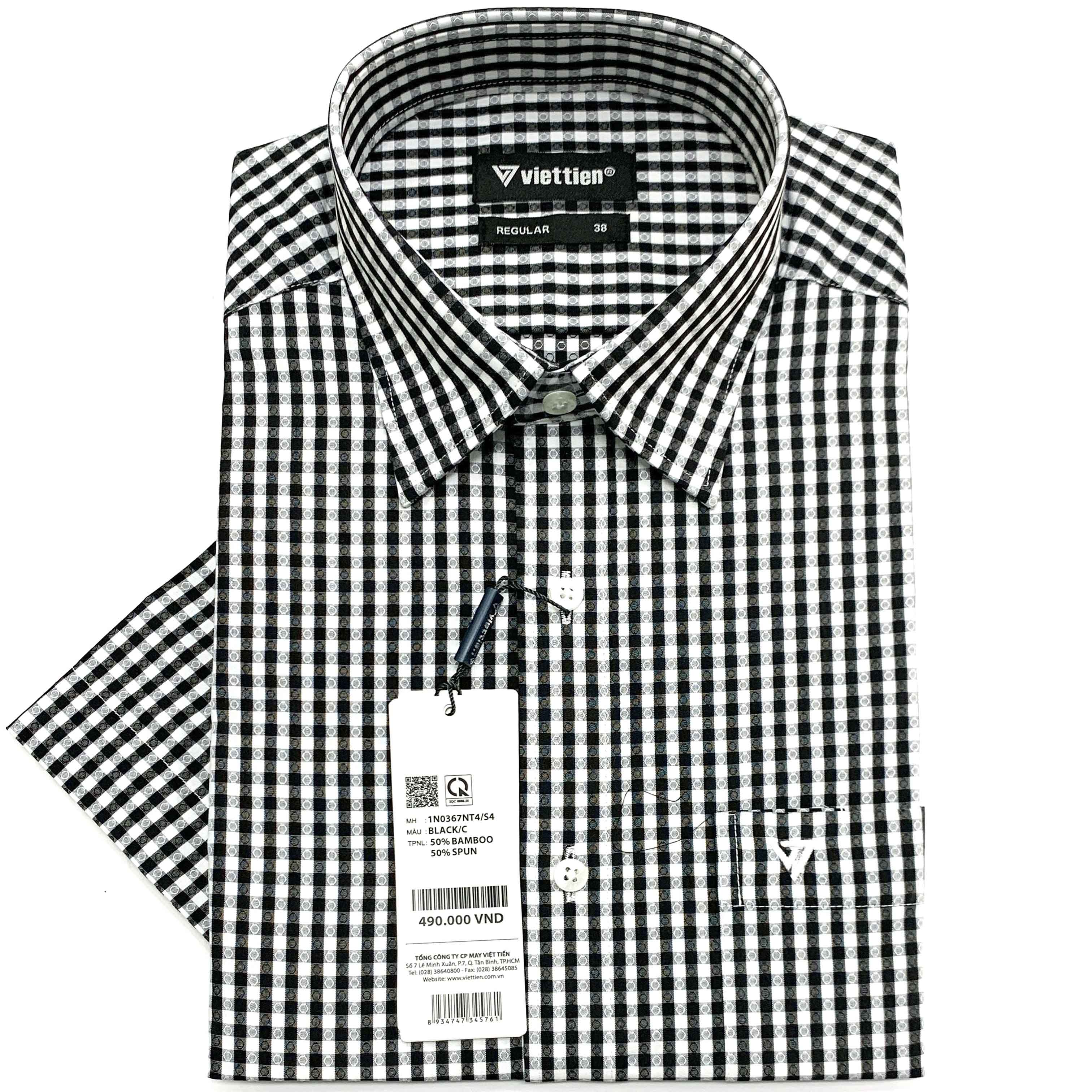 Viettien - Áo sơ mi nam ngắn tay ca rô trắng đen vạt bầu 1N0367 regular