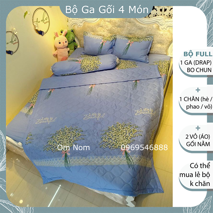 Bộ chăn ga gối đệm đẹp, cute chất Cotton Hàn Quốc, giá rẻ, BỘ 4 MÓN: 1 drap giường, 2 vỏ gối nằm, 1 chăn, họa tiết hoa BABY XÁM nhẹ nhàng