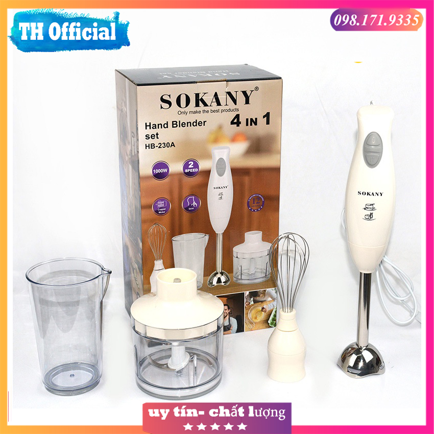 Máy xay cầm tay sokany hb-230a 4in1, bộ máy xay sokany đa năng công suất 1000w xay hoa qủa, nghiền thức ăn, đánh trứng