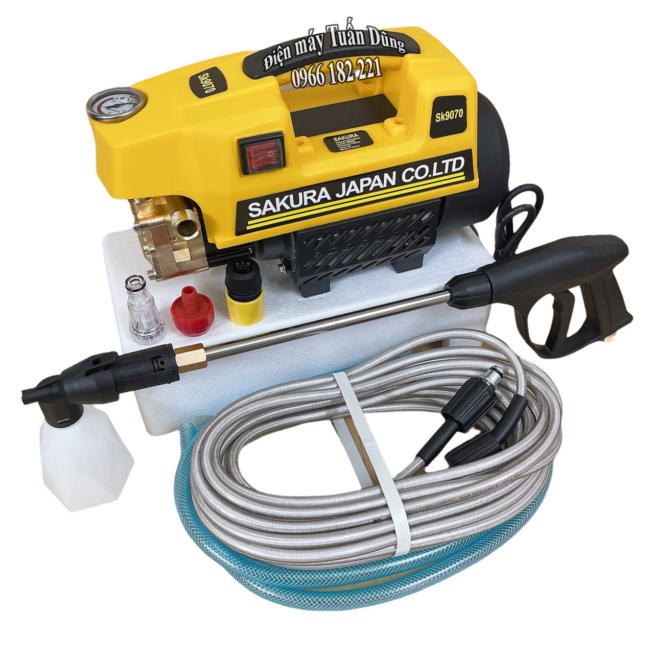Máy rửa xe sakura 2500w, dây 15m, 100% dây đồng, có bình bọt