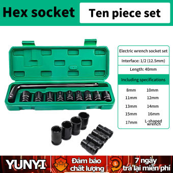 Đầu khẩu bulong 1/2,Đầu bulong vặn ốc từ 8-17 khẩu dài thép đen, Bộ 10 đầu khẩu, đầu túyt Cao Cấp dùng cho máy siết bulong 1/2