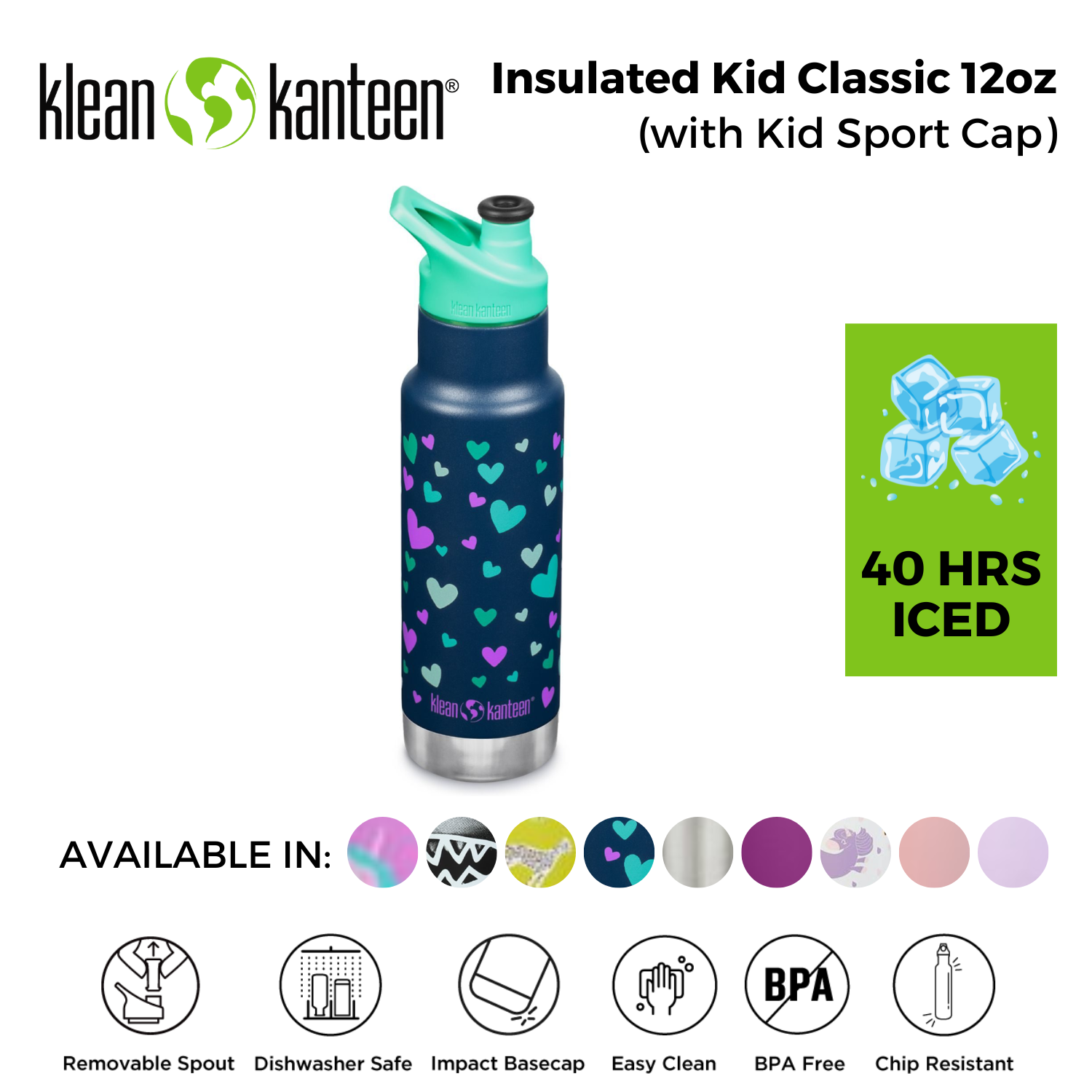 Klean Kanteen Kid Classic Sippy Water Bottle, 12 oz - Coral Strawberries