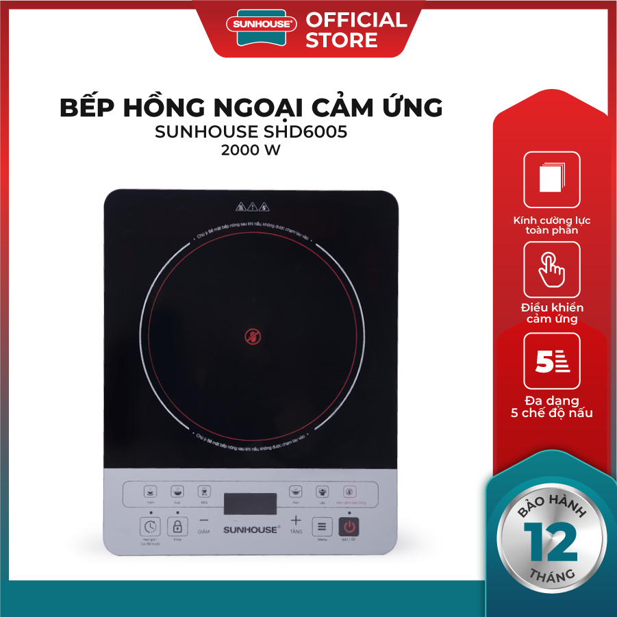 Bếp Hồng Ngoại Cảm Ứng SUNHOUSE SHD6005 - Công Suất 2000W - Kính Cường Lực Toàn Phần - Điều Khiển Cảm Ứng Hiện Đại - Đa Dạng 5 Chế Độ Nấu Tiện Lợi - Hàng Chính Hãng