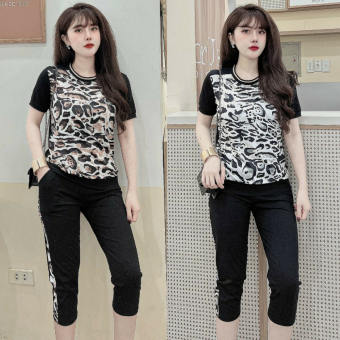 Đồ bộ lửng thun cotton họa tiết da beo (màu nâu, trắng)