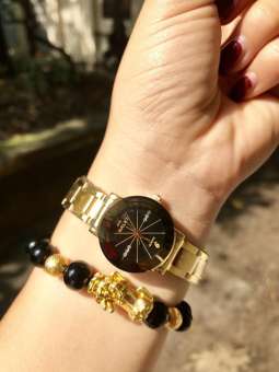 Đồng hồ nữ Halei dây thép TẶNG 1 vòng tỳ hưu phong thủy may mắn (Dây vàng mặt đen)