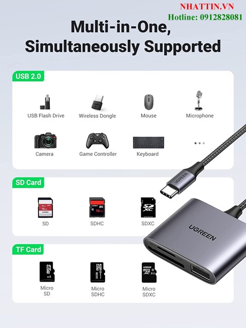 Đầu đọc thẻ SD/TF kèm OTG chuẩn USB 3.1 Type-C Ugreen 80798 vỏ nhôm cao cấp
