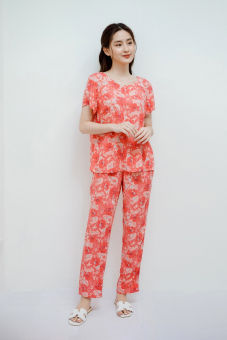 WINNY - Bộ đồ lanh cộc tay quần dài mặc nhà hoa lá 2MNLA22024D