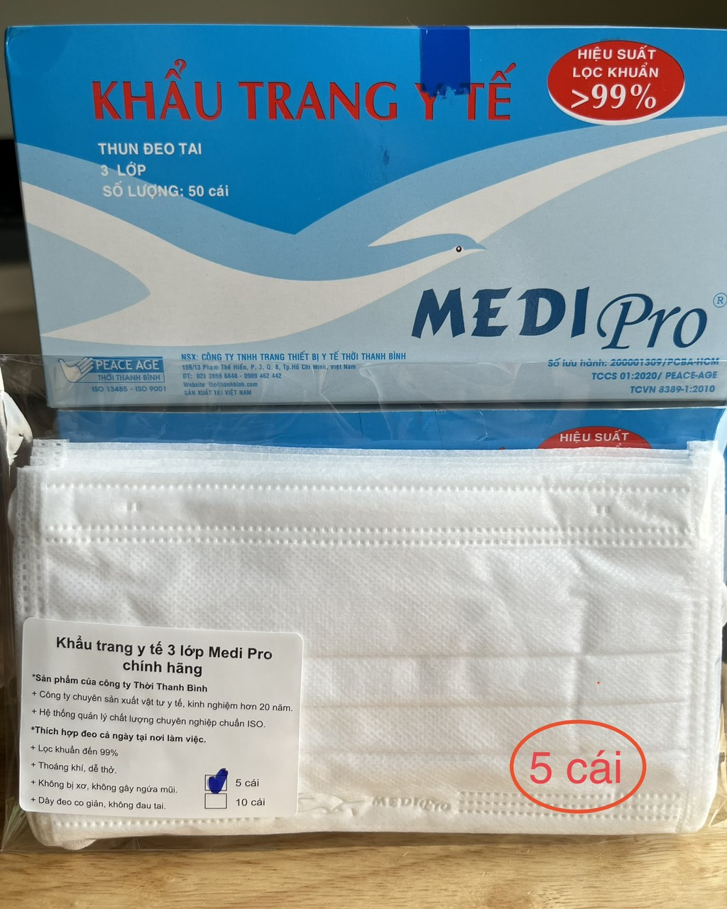 Khẩu trang y tế cao cấp Medi Pro 3 lớp - chính hãng cty Thời Thanh Bình (gói lẻ 5 cái, 10 cái)