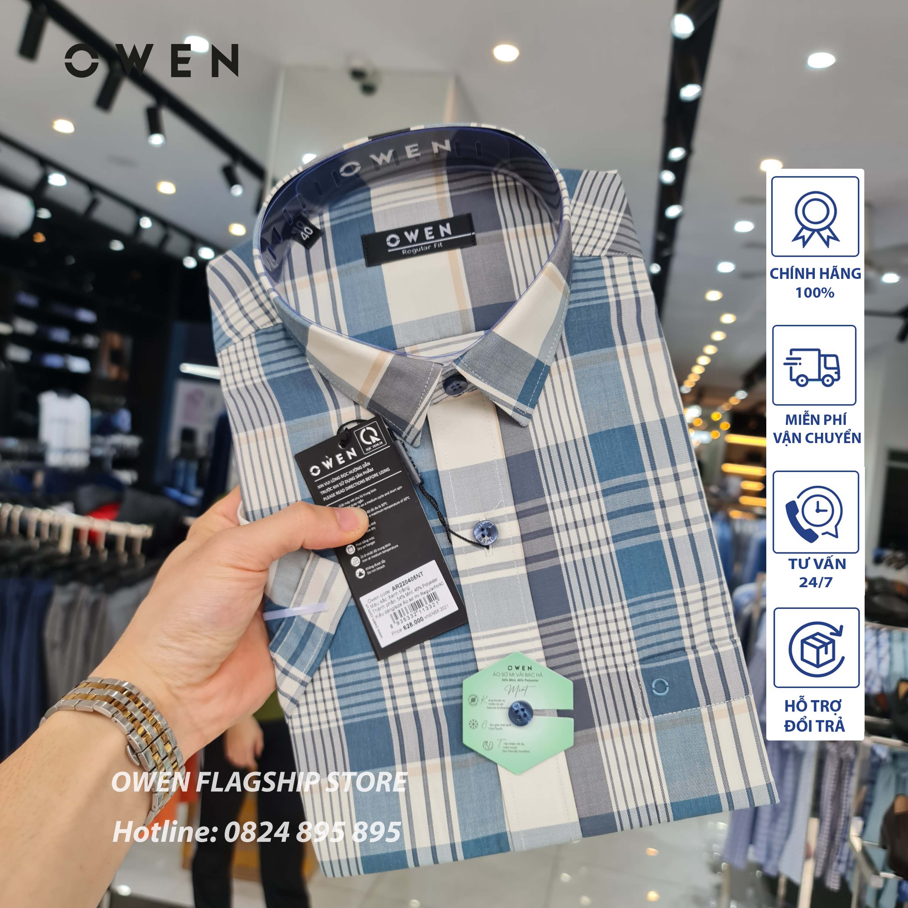 OWEN - (FREESHIP) Áo Sơ mi nam cộc tay dáng Regularfit sợi Bạc Hà Mã AR220405NT- OWEN Flagship
