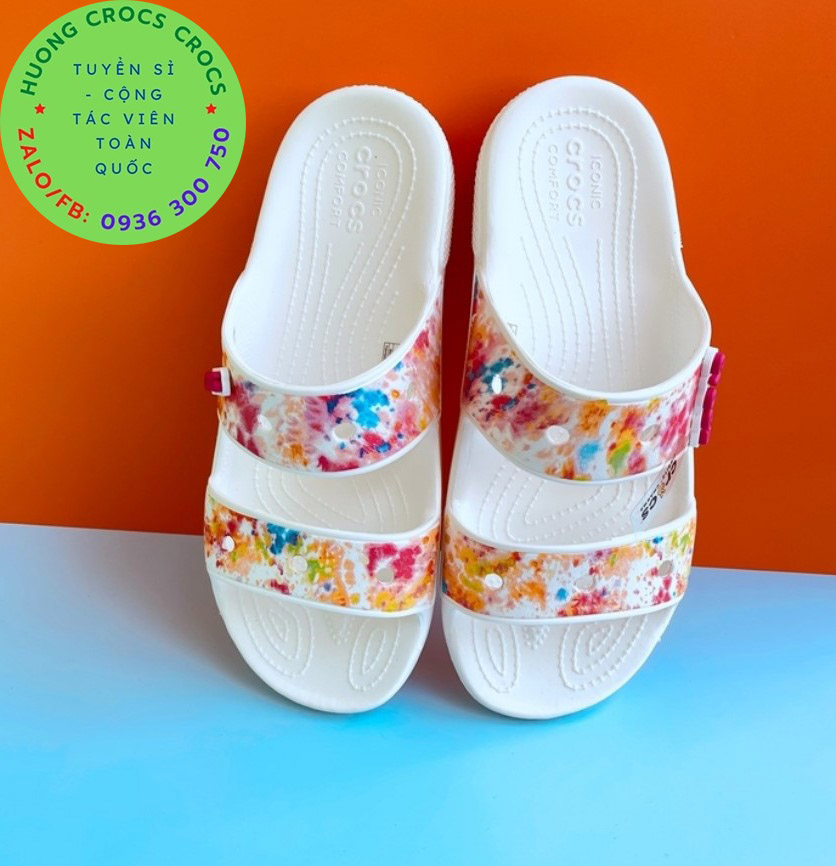 Dép lê nhựa đi mưa crocs 2 quai ngang họa tiết san hô cho nữ