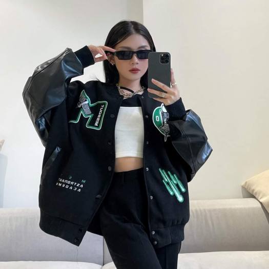Áo bomber cúc bấm tay da chữ M phom rộng thời trang hàn quốc