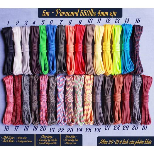 Dây Dù Paracord 550Lbs Đan Vòng Tay Sinh Tồn Cuộn 5M Hàng Mỹ Usa