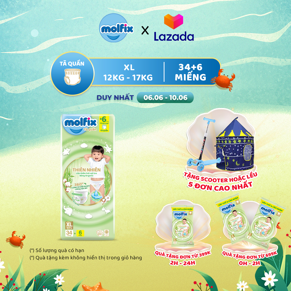 [Đơn 399K Tặng 2 miếng tã quần size L ]  Tã/bỉm quần Molfix Thiên nhiên Jumbo XL (12kg - 17kg) - Gói 34+6 miếng