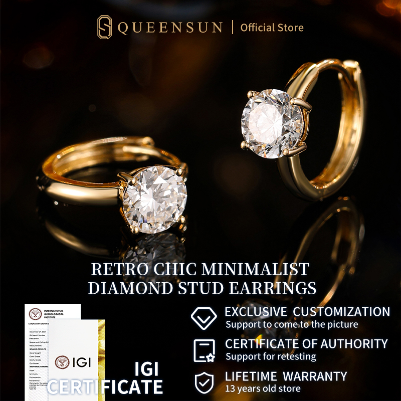 Queensun 18K gold 2carats lab grown diamond four claw earrings with simple and classic ear loops, single diamond super sparkling earrings for women  | 18K 金培育钻石石四爪耳环耳扣经典耳圈 Korea，Earrings，Stud earrings，TEMPERAMENT，accessories