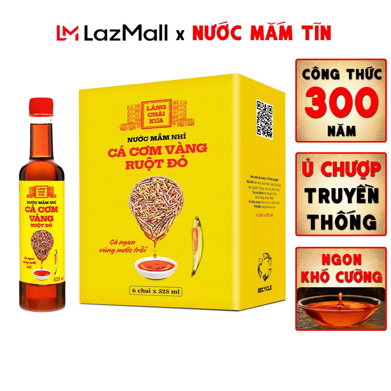 Nước mắm nhỉ cá cơm vàng ruột đỏ Làng Chài Xưa 525ml/chai  cá ngon vùng nước trồi 300 năm truyền thống