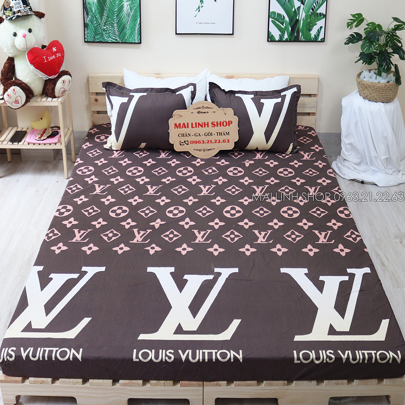 Bộ Ga Gối 3 Món Cotton Poly Màu Nâu Hoạ Tiết L V Nhiều Kích Thước M2/M6/M8/2M2