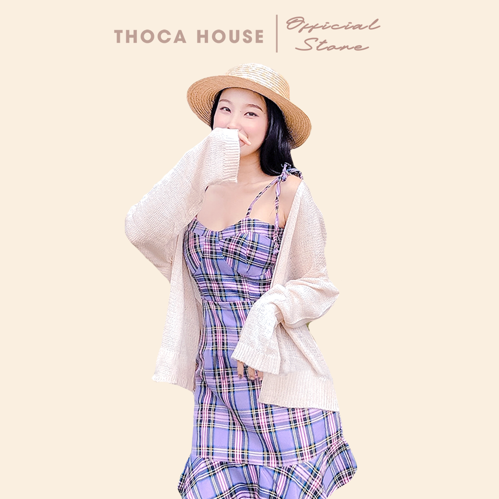 Áo khoác cardigan mỏng dáng dài len trơn kem, nâu, trắng THOCA HOUSE vintage khoác ngoài đi biển, du lịch