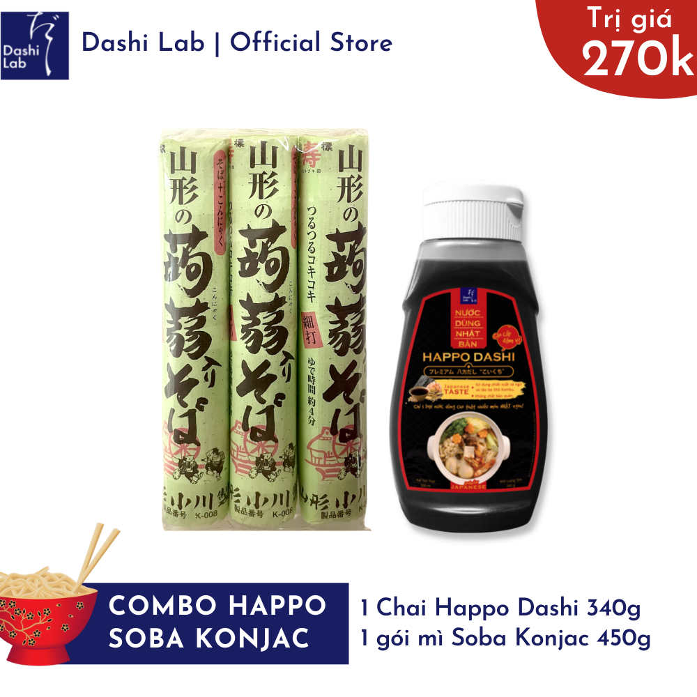 Combo happo soba konjac (1 chai happo dashi 340g, 1 gói mì soba konjac 450g date t3/2023)